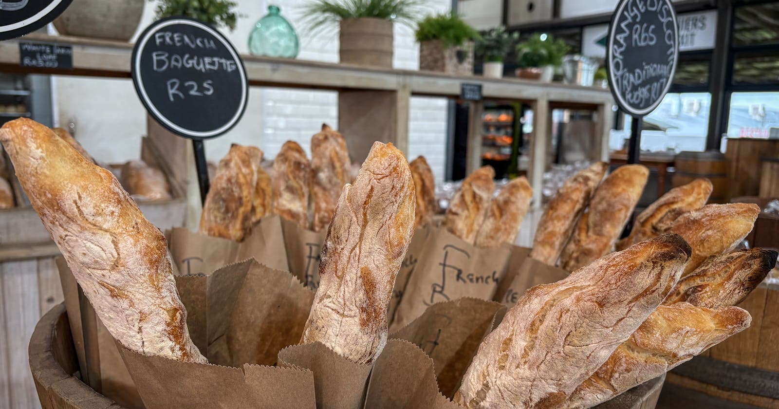 Fresh French baguettes at a bakery