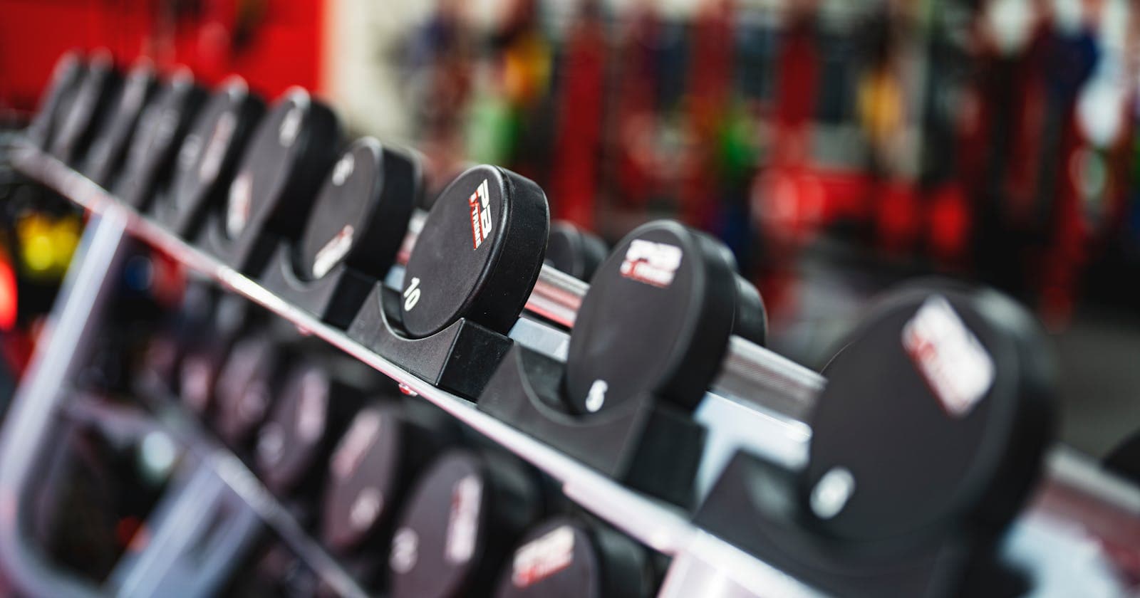 Row of dumbbells in a gym