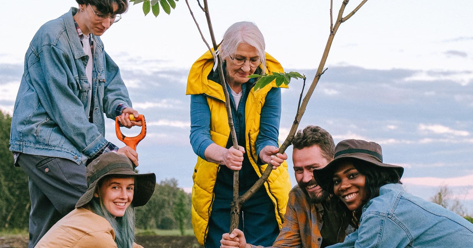 Volunteers planting a tree outdoors