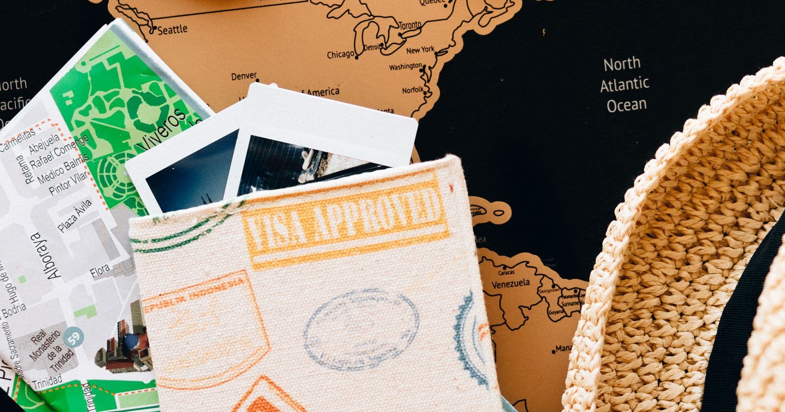 Travel planning with a map and passport